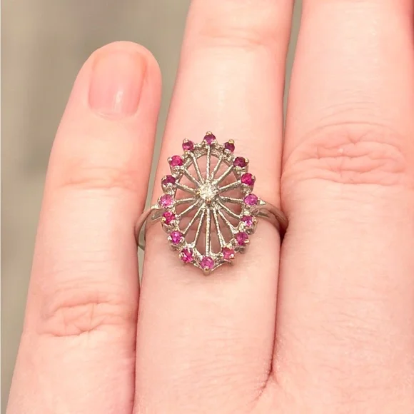 Vintage 14K PSCO Natural Ruby Diamond Ring Art Nouveau Size 7 Filigree Starburst - Picture 5 of 16